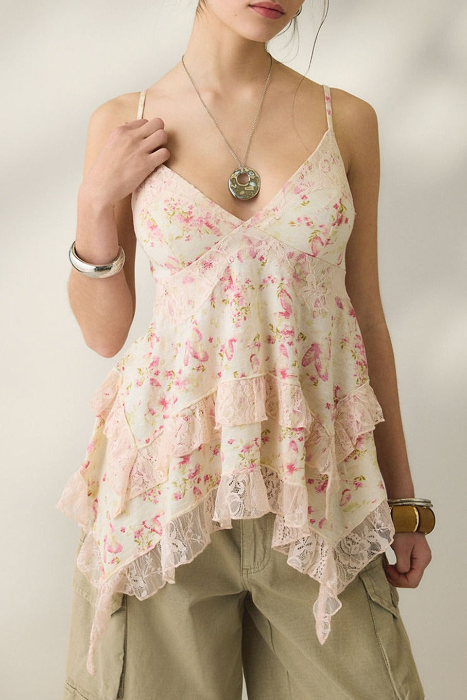 Retro Floral Chiffon Ruffled Hem Cami Top
