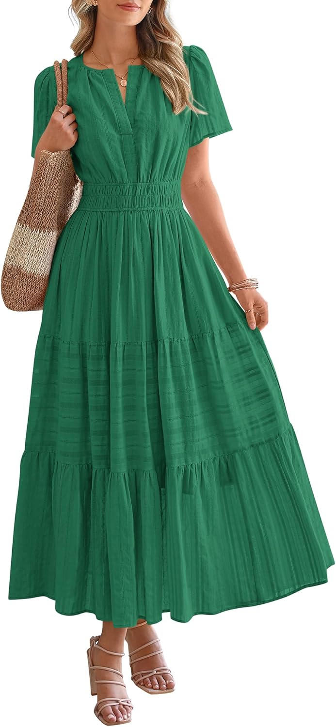 Casual Boho Maxi Dress Women V Neck Short Sleeve Flowy Beach Dress with Pockets