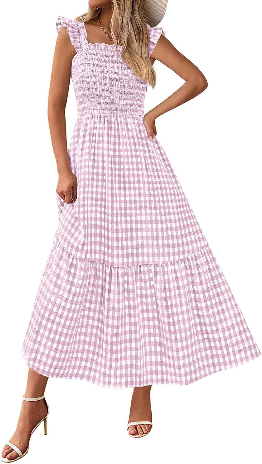 Women Square Neck Gingham Midi Dress Ruffle Strap Smocked A-Line Sundress