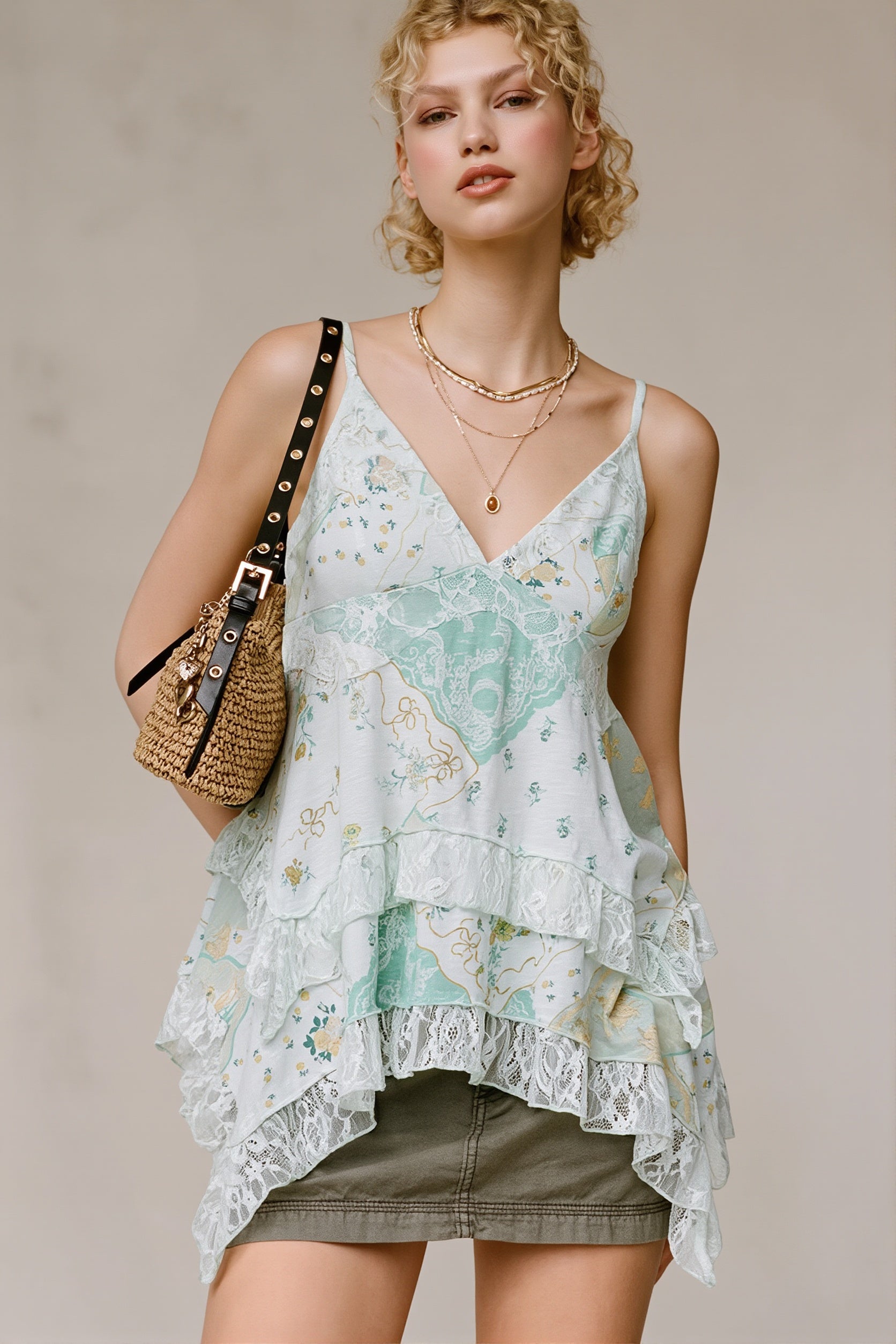 Retro Floral Chiffon Ruffled Hem Cami Top