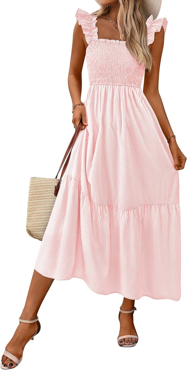 Women Square Neck Gingham Midi Dress Ruffle Strap Smocked A-Line Sundress