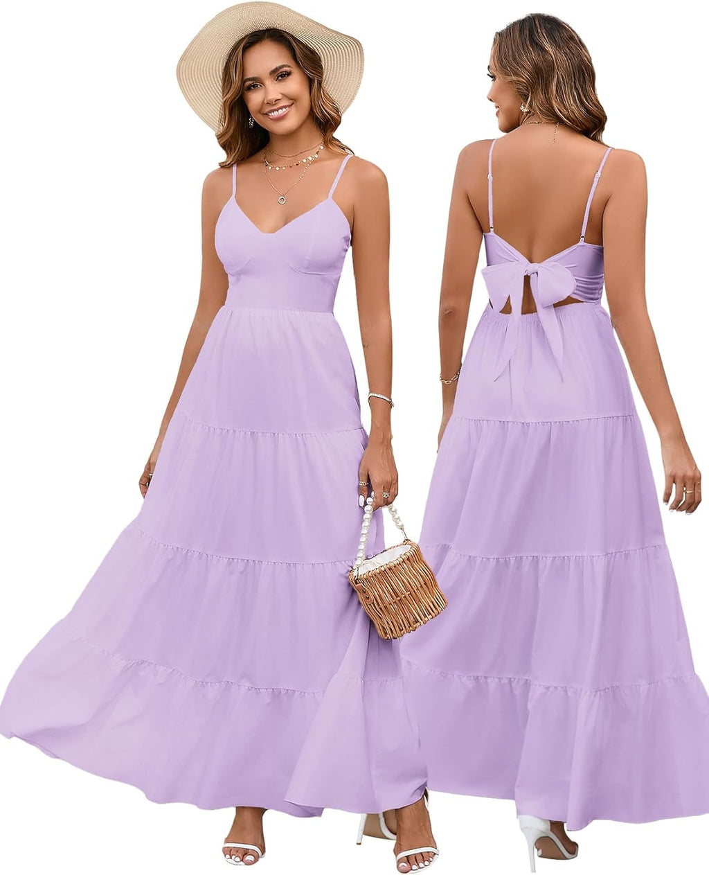 Women’s Summer Flowy Maxi Dress – Spaghetti Strap Bow Tie