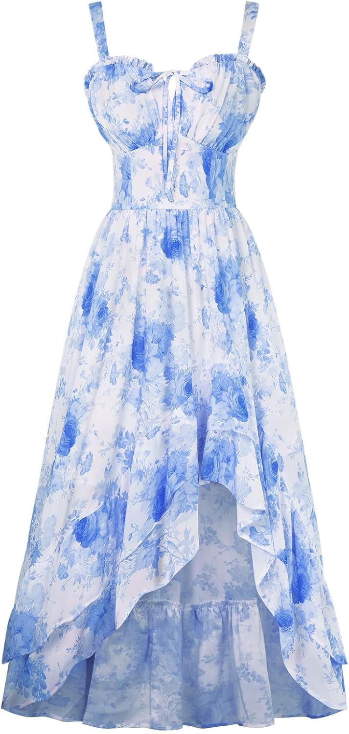Women Floral Ruffle Maxi Dress Corset Style Summer Dress with Pockets