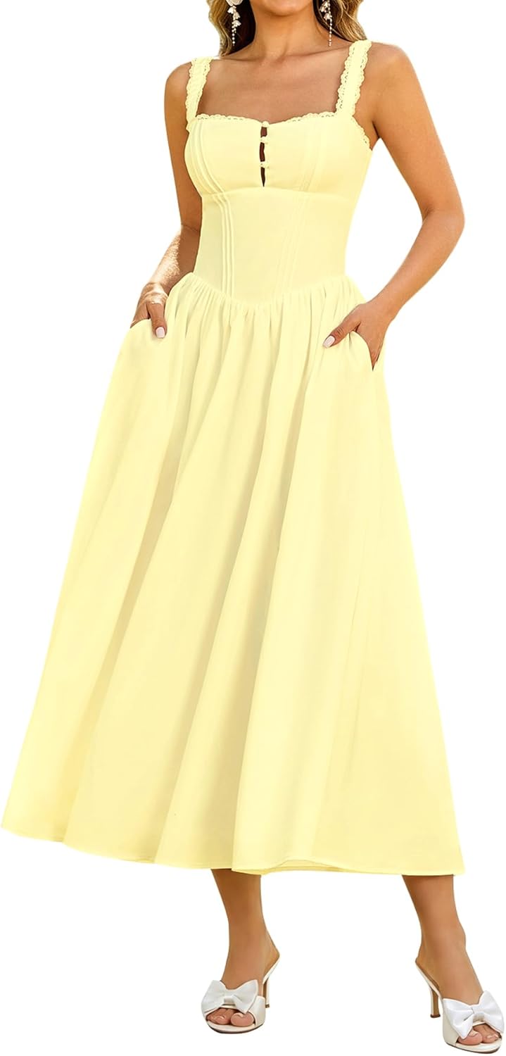 Women Summer Lace Corset Midi Dress Flowy Bridal Shower Dress