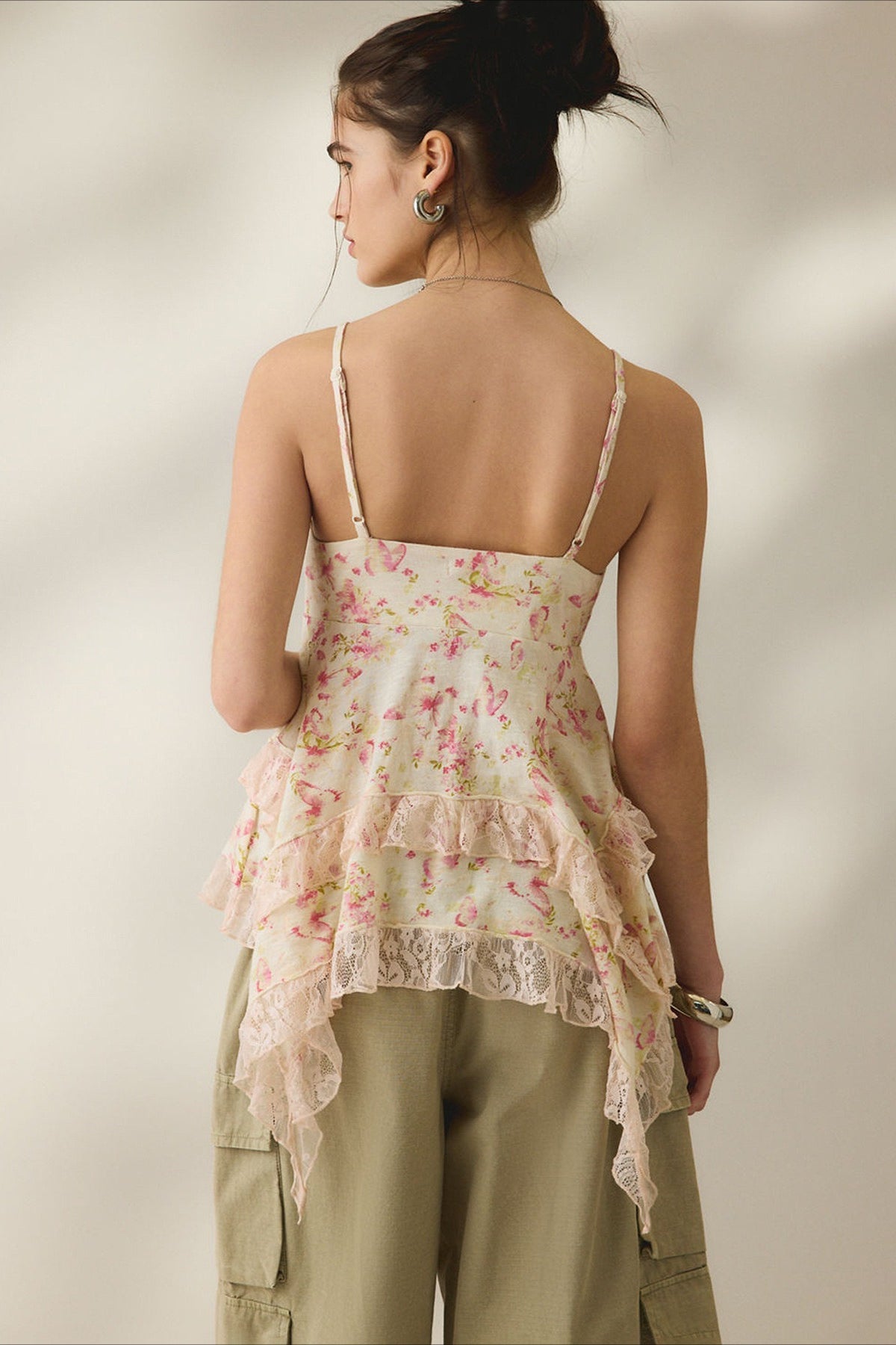 Retro Floral Chiffon Ruffled Hem Cami Top