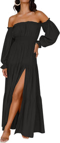 Boho Off Shoulder Maxi Dress Women Flowy Side Split Wedding Guest Dress