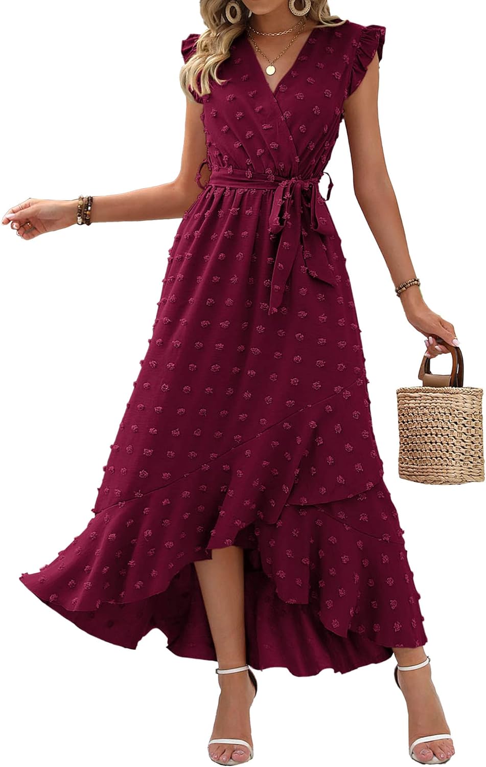 Summer Flowy Ruffle Maxi Dress Women Swiss Dot Cap Sleeve Casual Party Dress