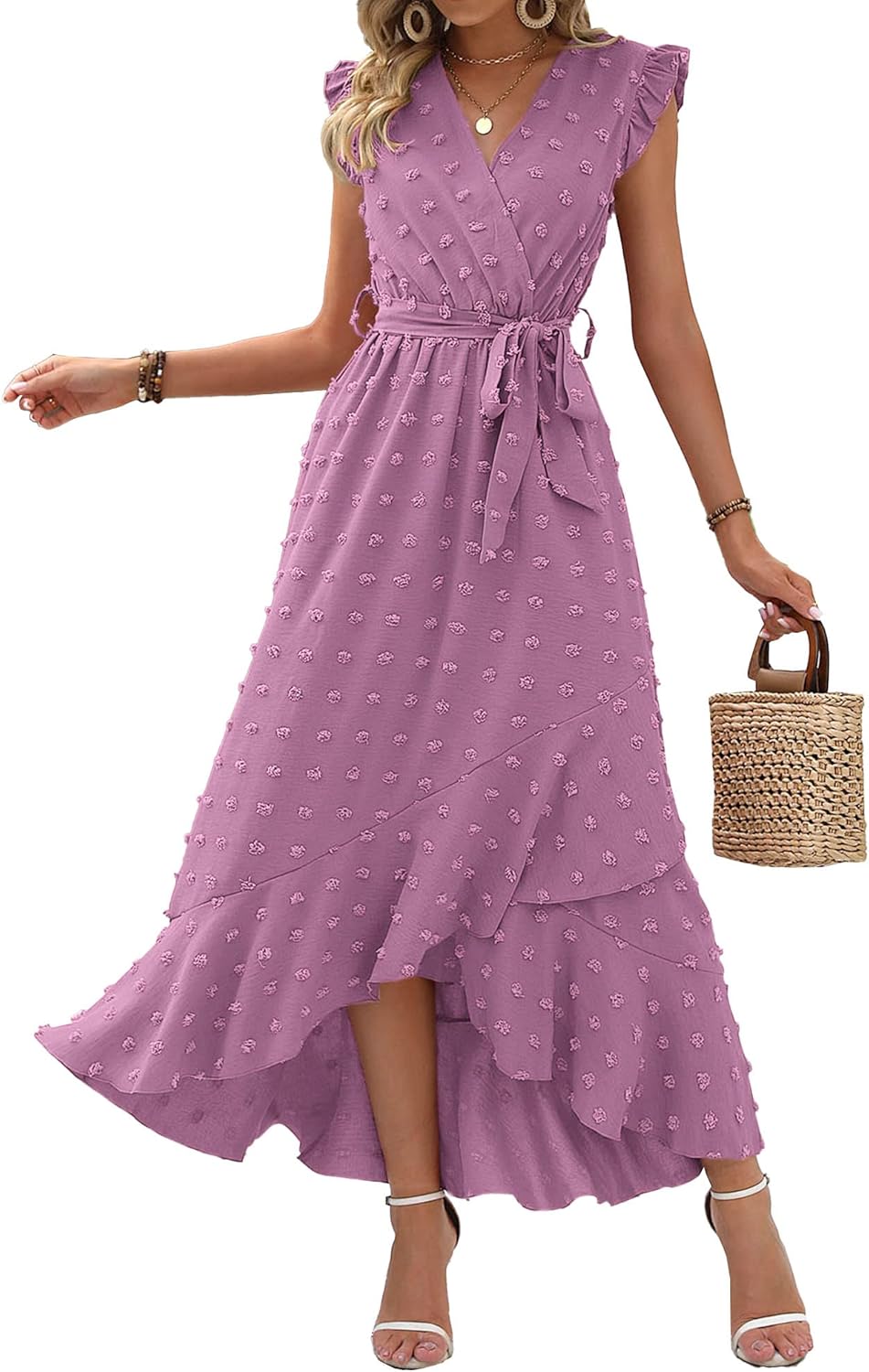 Summer Flowy Ruffle Maxi Dress Women Swiss Dot Cap Sleeve Casual Party Dress