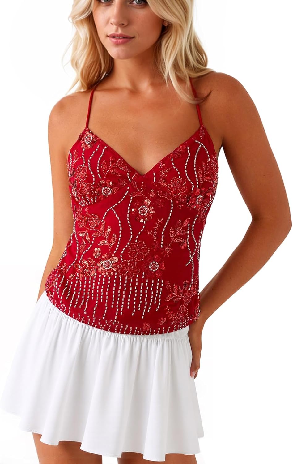 Women Y2K Floral Sequin Crop Top, Sparkle Rhinestone Criss Cross Halter Tank Top