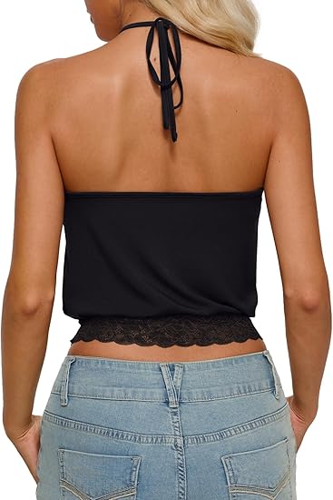 Women Y2K Halter Crop Top, Double Lined Lace Trim Backless Cami Tank