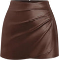 Mid Waist Ruched Side Slit Skirt Solid PU Leather Bodycon Mini Skirt