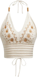 Women Knitted Halter Crop Top, Open Back Tie Backless Embroidered Hippie Top