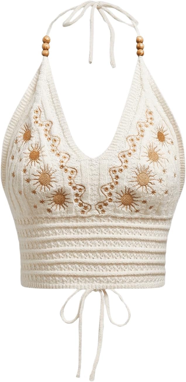 Women Knitted Halter Crop Top, Open Back Tie Backless Embroidered Hippie Top