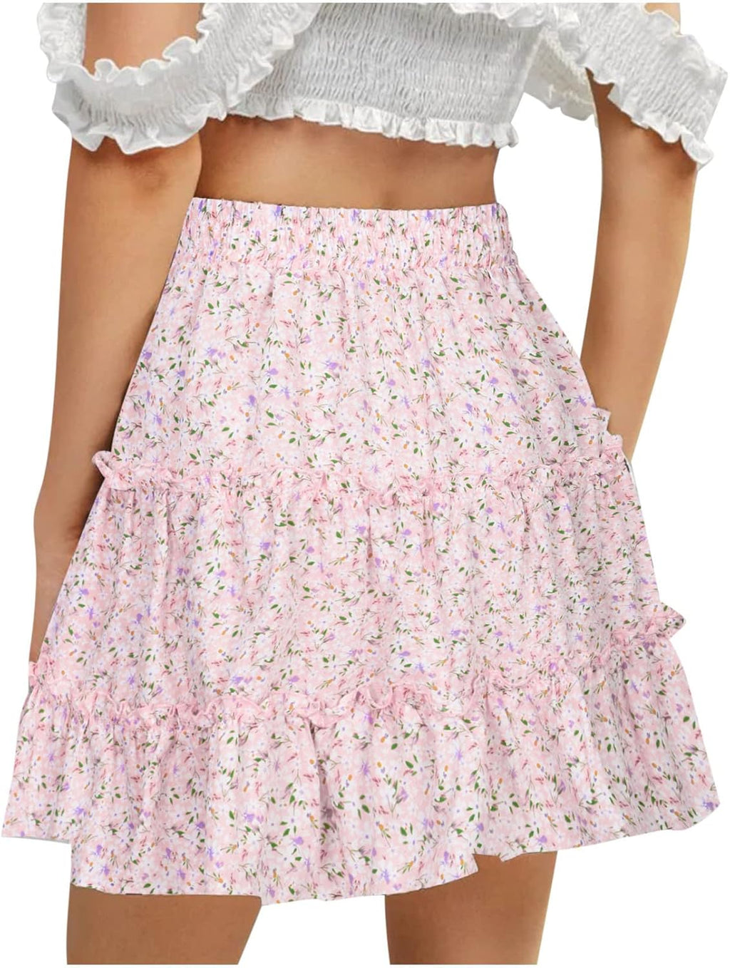 Floral Pleated A Line Mini Skirt Elastic Waist Boho Skater Skirt
