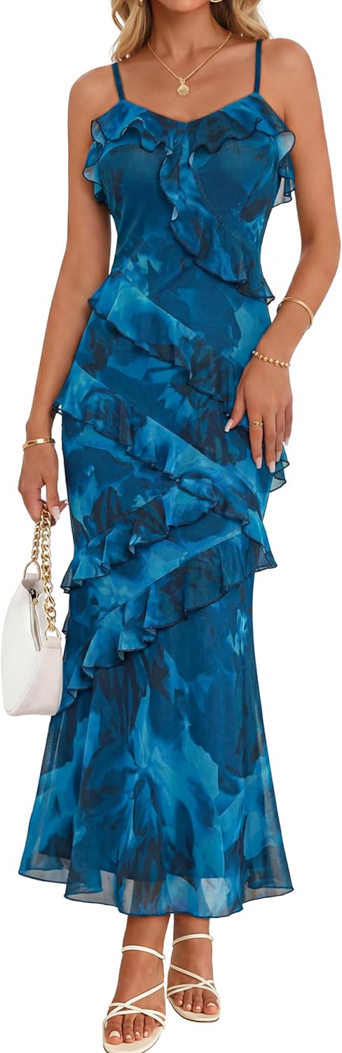 Women Bodycon Floral Long Dress Spaghetti Strap Wedding Guest Dress