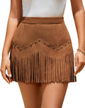 Women Western Cowgirl Suede Fringe Mini Skirt High Waist Rivet Skirt