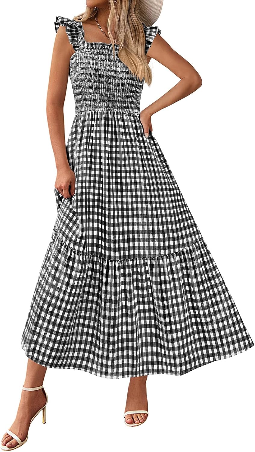 Women Square Neck Gingham Midi Dress Ruffle Strap Smocked A-Line Sundress