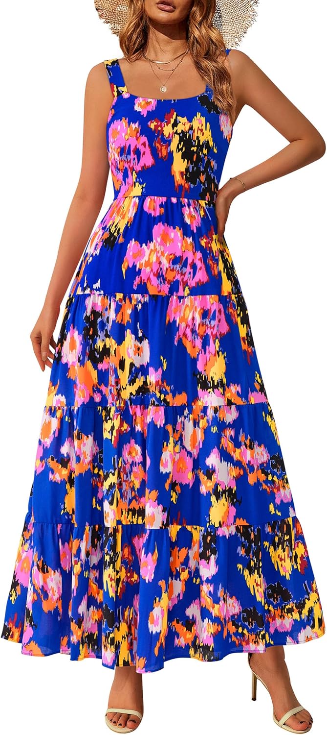 Women Floral Ruffle Maxi Dress Casual Boho Flowy Beach Vacation Sundress