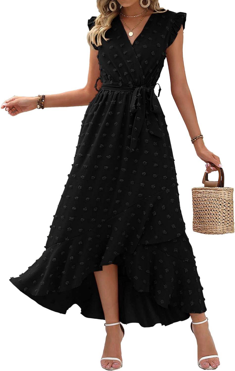 Summer Flowy Ruffle Maxi Dress Women Swiss Dot Cap Sleeve Casual Party Dress