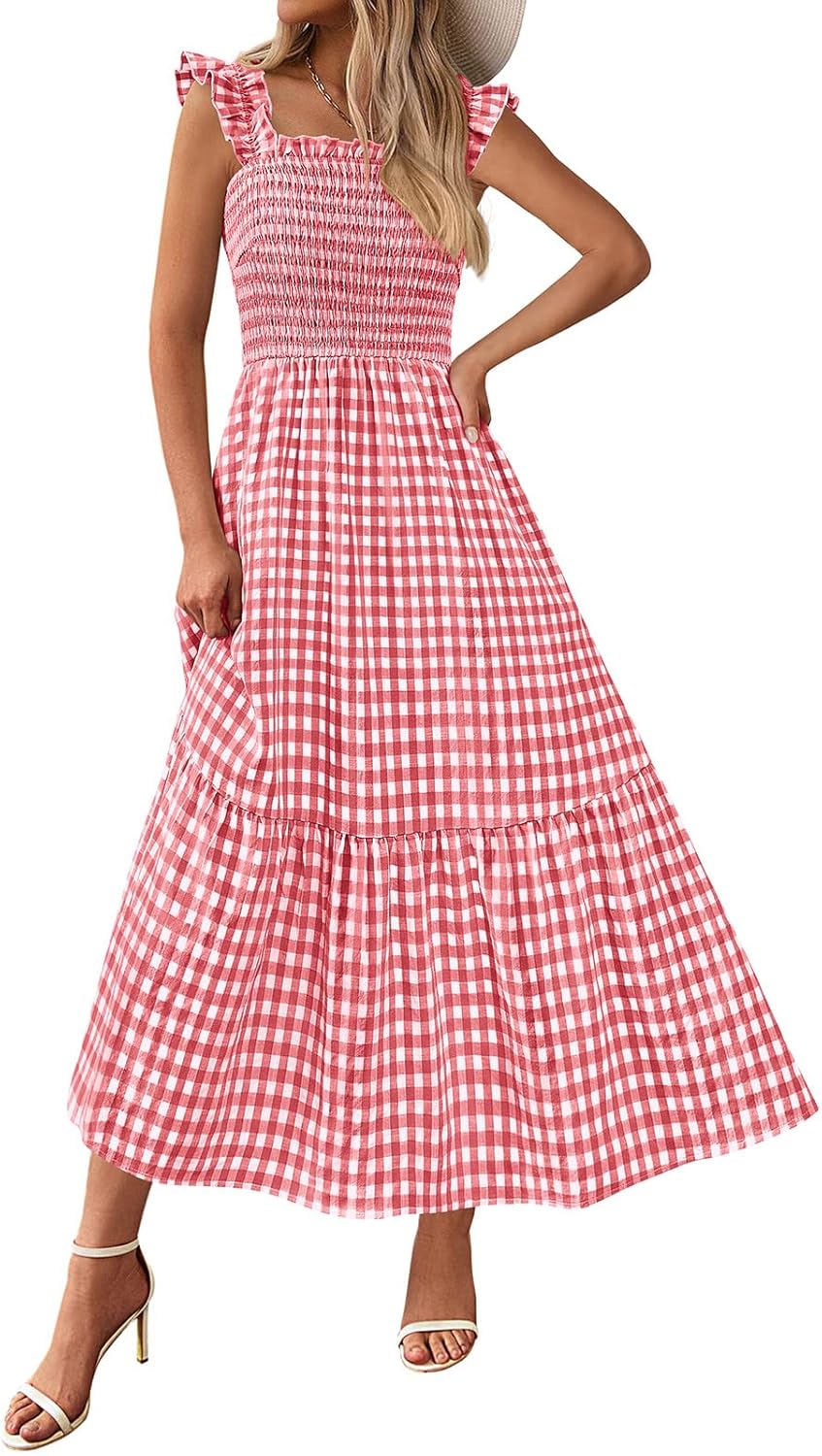 Women Square Neck Gingham Midi Dress Ruffle Strap Smocked A-Line Sundress