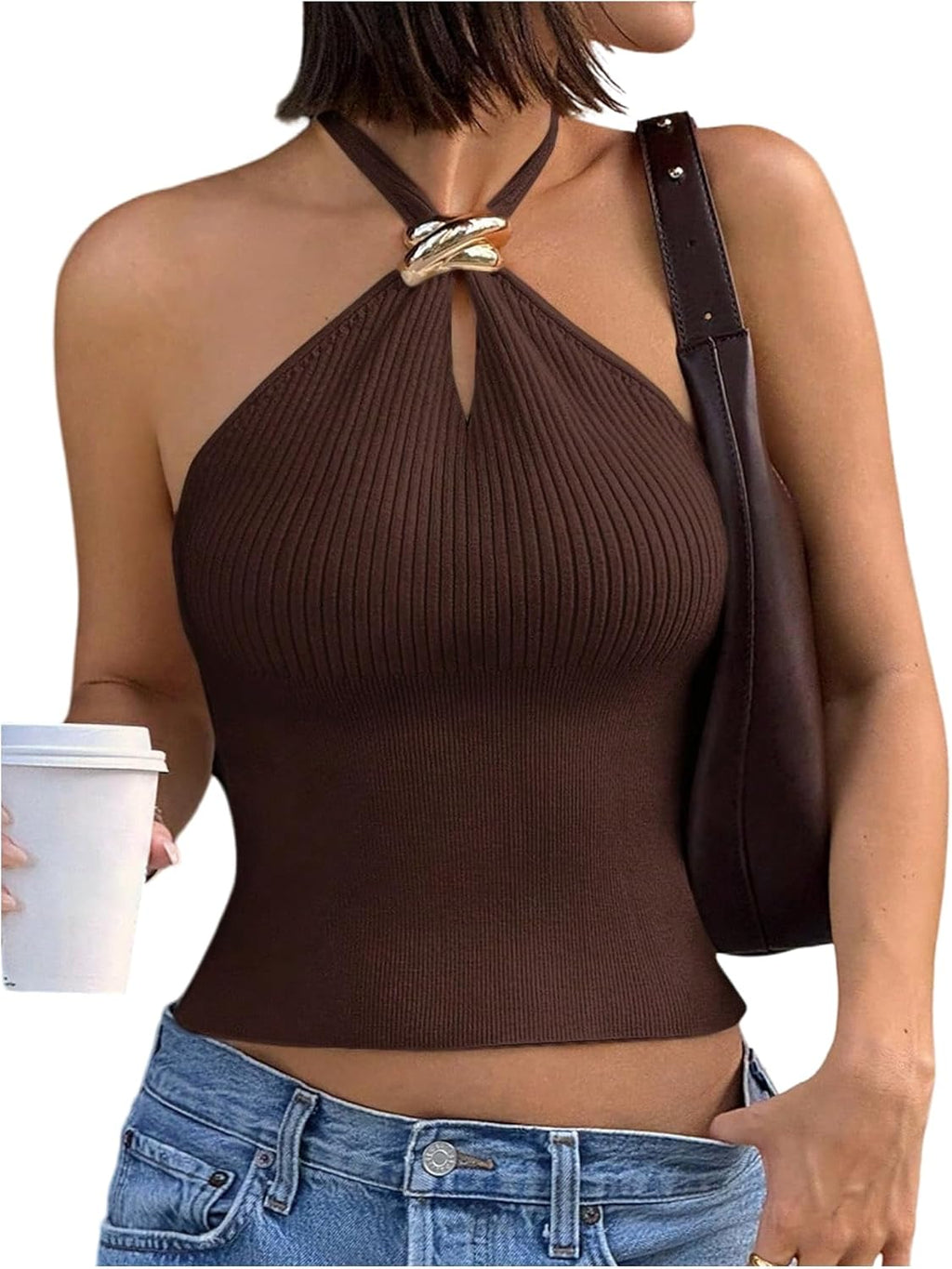 Women’s Sleeveless Ribbed Halter Top – Date Night Party Crop Top