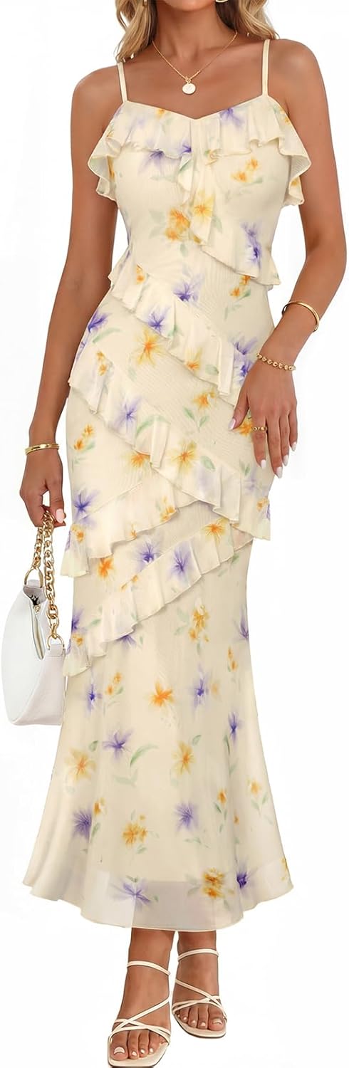 Women Bodycon Floral Long Dress Spaghetti Strap Wedding Guest Dress