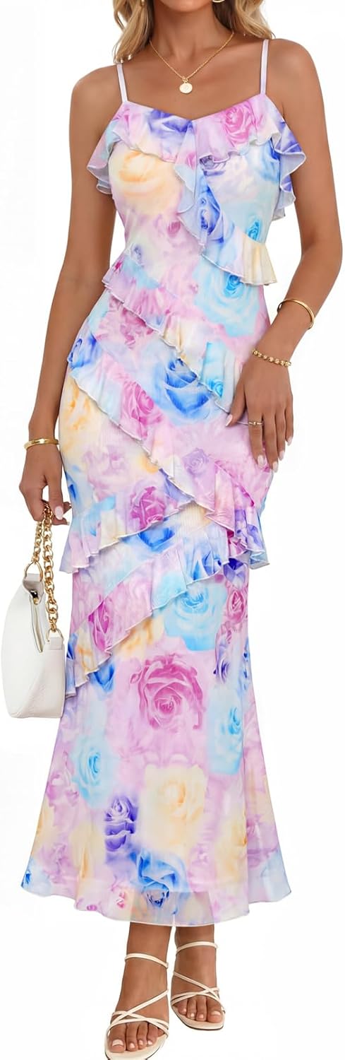 Women Bodycon Floral Long Dress Spaghetti Strap Wedding Guest Dress
