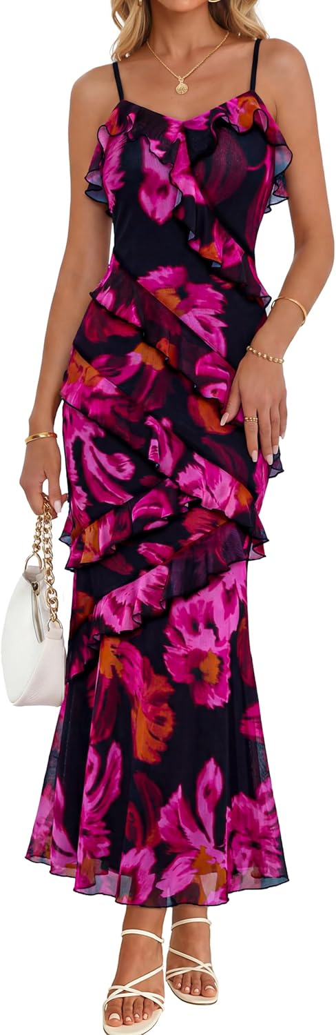 Women Bodycon Floral Long Dress Spaghetti Strap Wedding Guest Dress