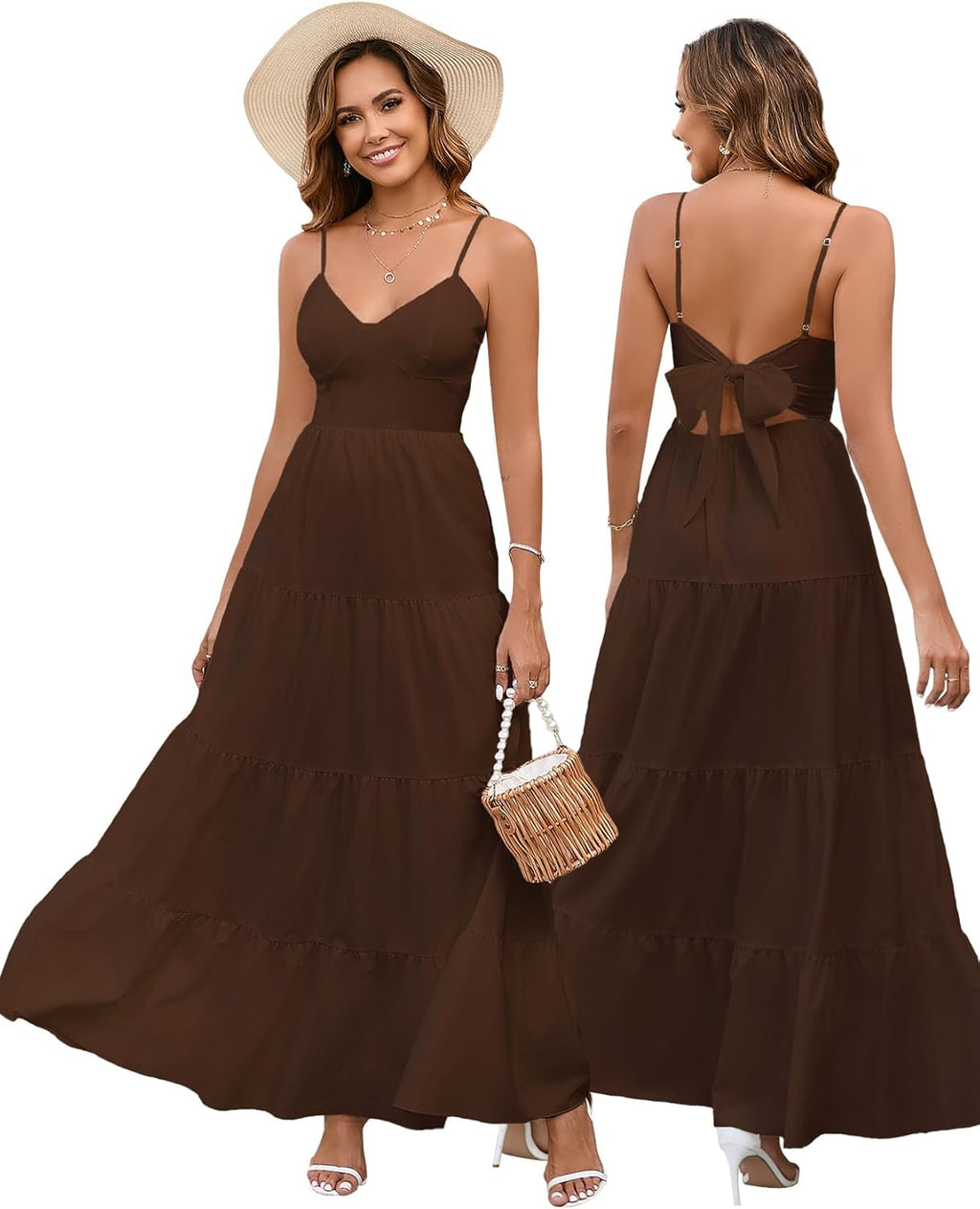 Women’s Summer Flowy Maxi Dress – Spaghetti Strap Bow Tie