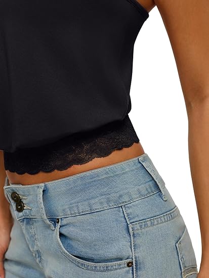 Women Y2K Halter Crop Top, Double Lined Lace Trim Backless Cami Tank