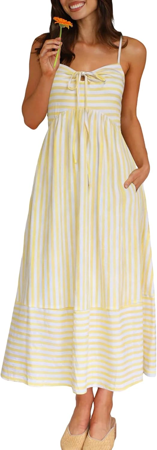 Striped Spaghetti Strap Maxi Dress Women Boho Vacation Sundress with Pockets