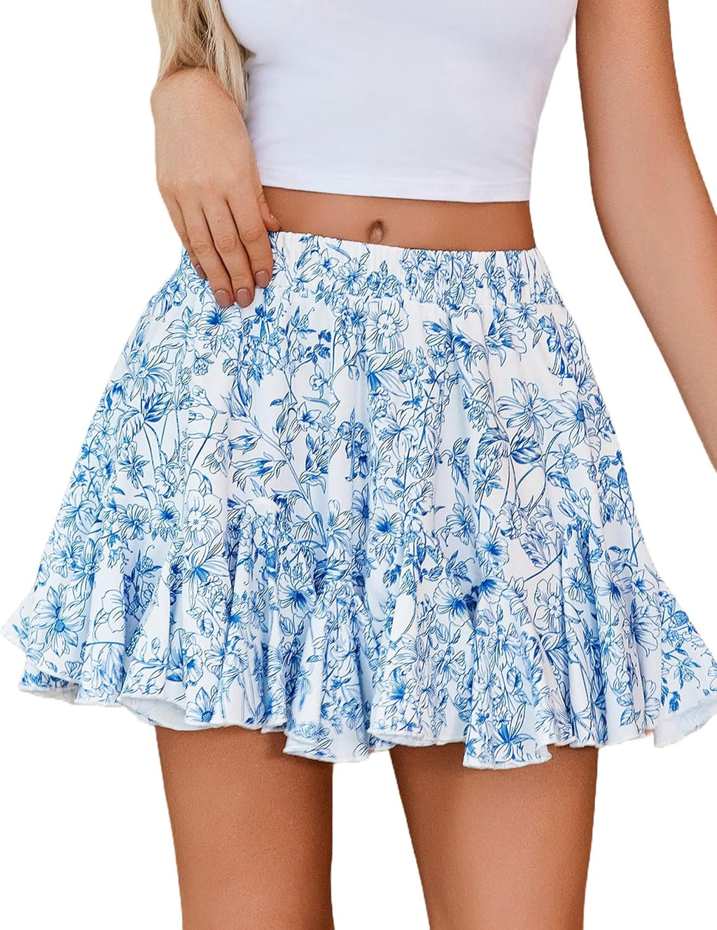 High Waist Ruffle Skater Skirt Women Pleated Flowy Mini Skirt Casual