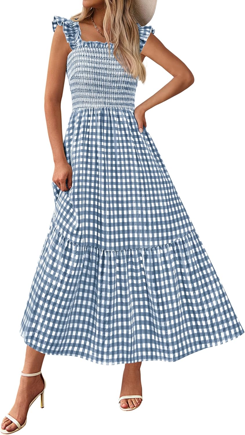 Women Square Neck Gingham Midi Dress Ruffle Strap Smocked A-Line Sundress