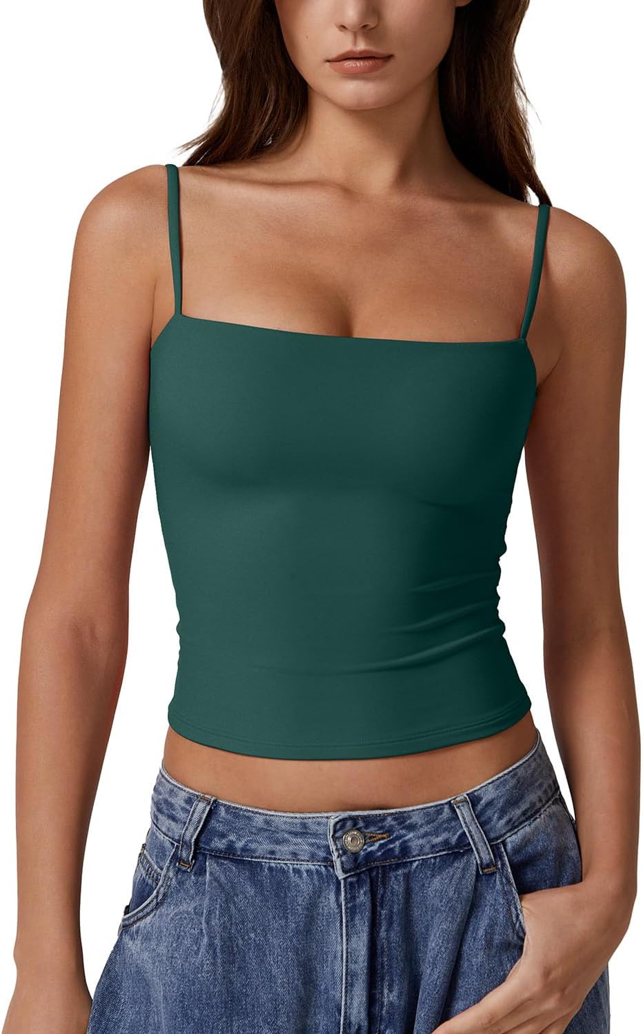 QINSEN Women's Double Lined Basic Tank Top Adjustable Spaghetti Straps Sleeveless Camisole Shirts