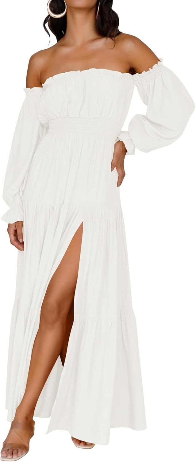 Boho Off Shoulder Maxi Dress Women Flowy Side Split Wedding Guest Dress