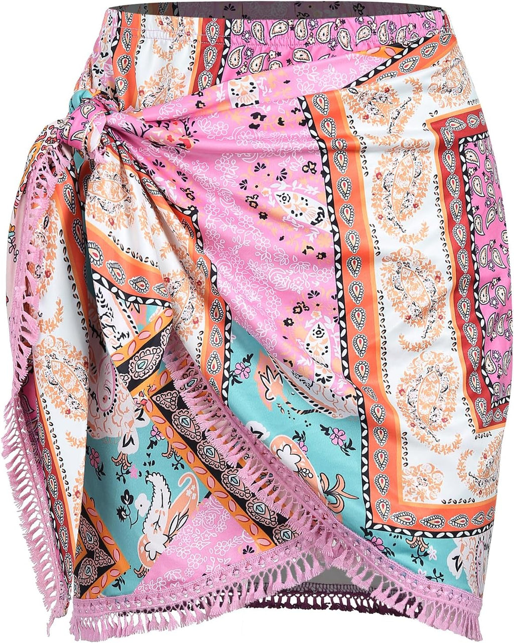 Boho Print Tie Side Mini Skirt Women Slit Tassel Beach Skirt