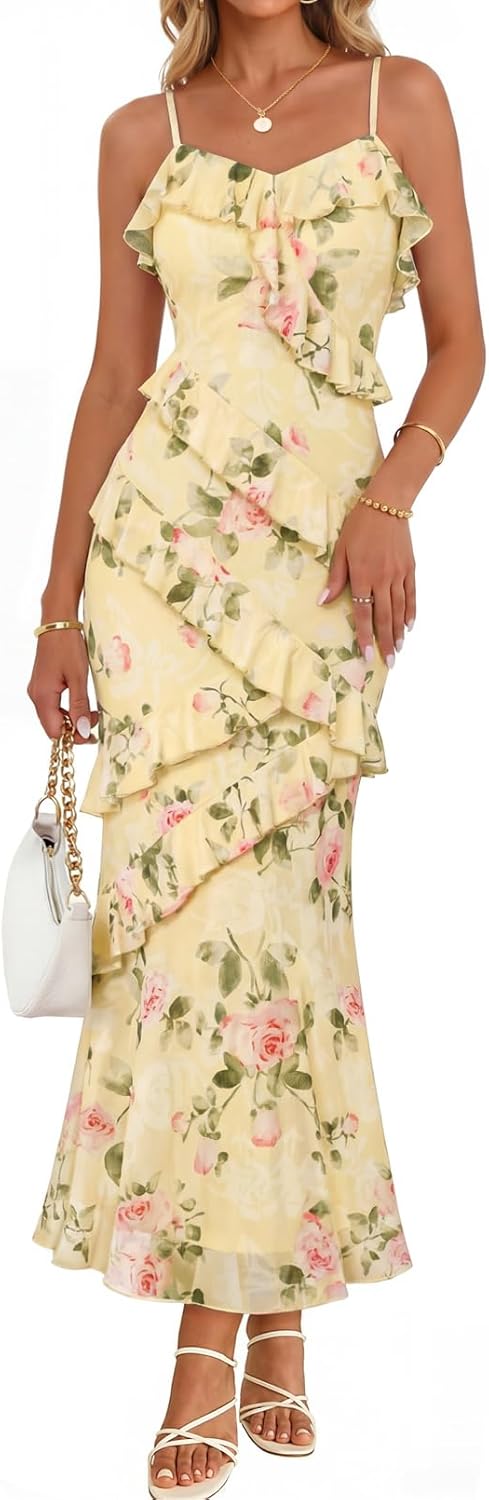 Women Bodycon Floral Long Dress Spaghetti Strap Wedding Guest Dress
