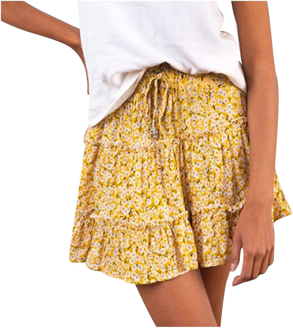 Floral Pleated A Line Mini Skirt Elastic Waist Boho Skater Skirt