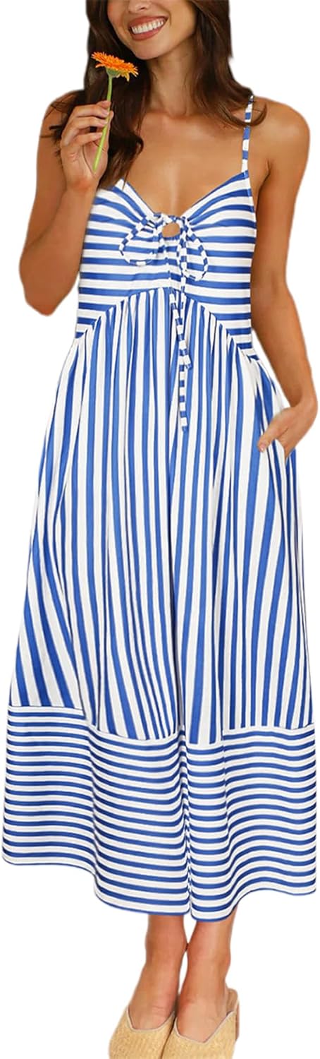 Striped Spaghetti Strap Maxi Dress Women Boho Vacation Sundress with Pockets