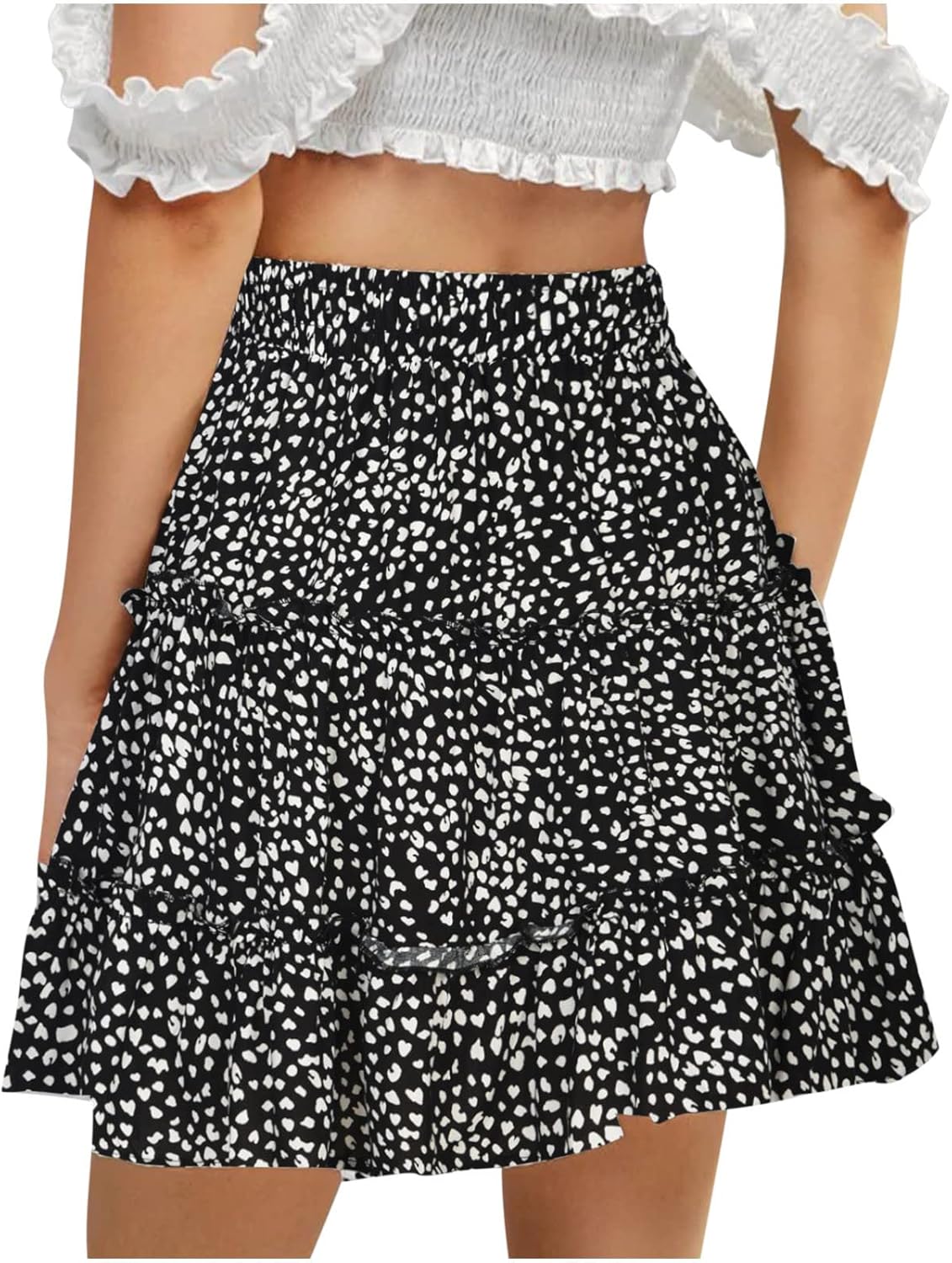 Floral Pleated A Line Mini Skirt Elastic Waist Boho Skater Skirt