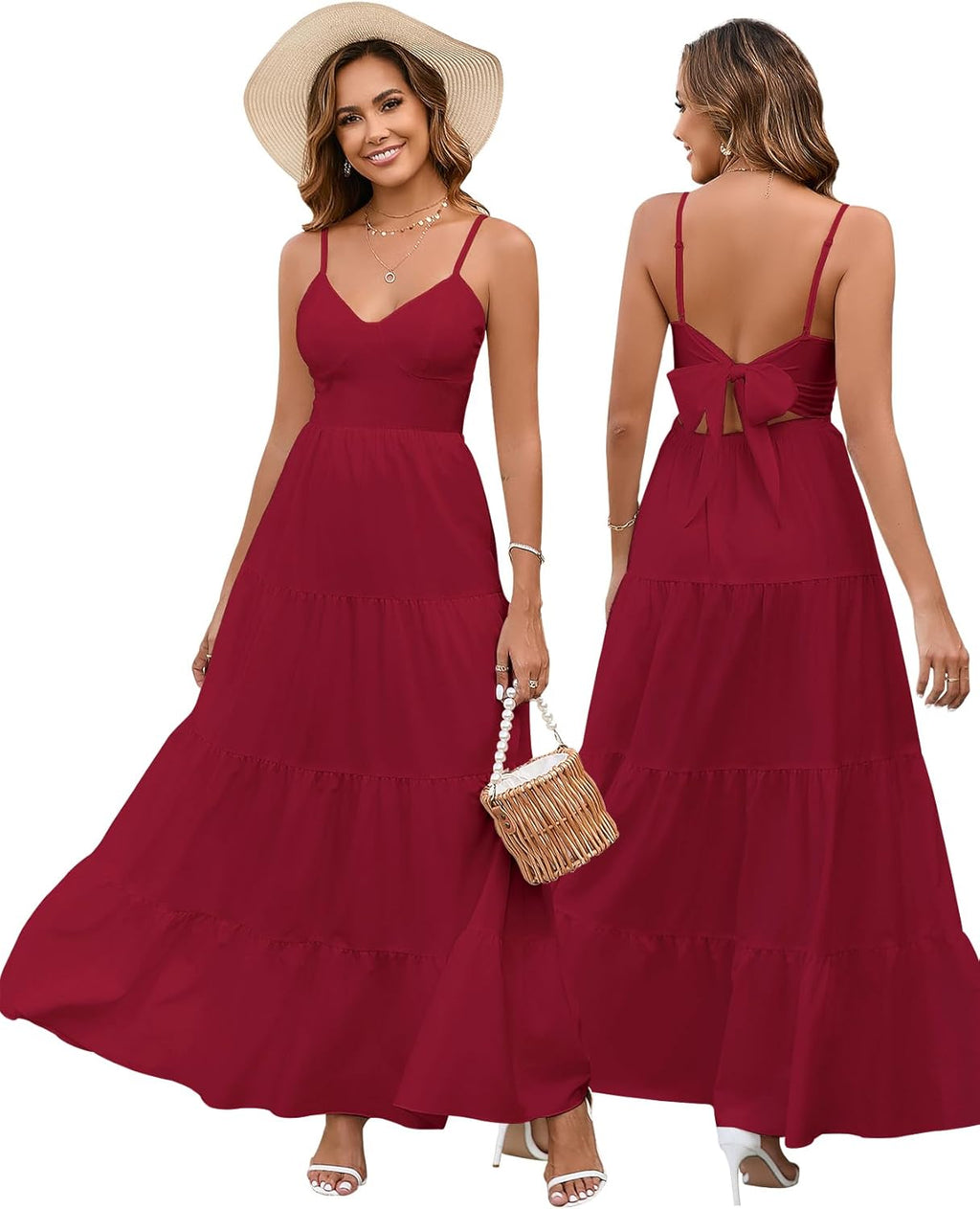 Women’s Summer Flowy Maxi Dress – Spaghetti Strap Bow Tie