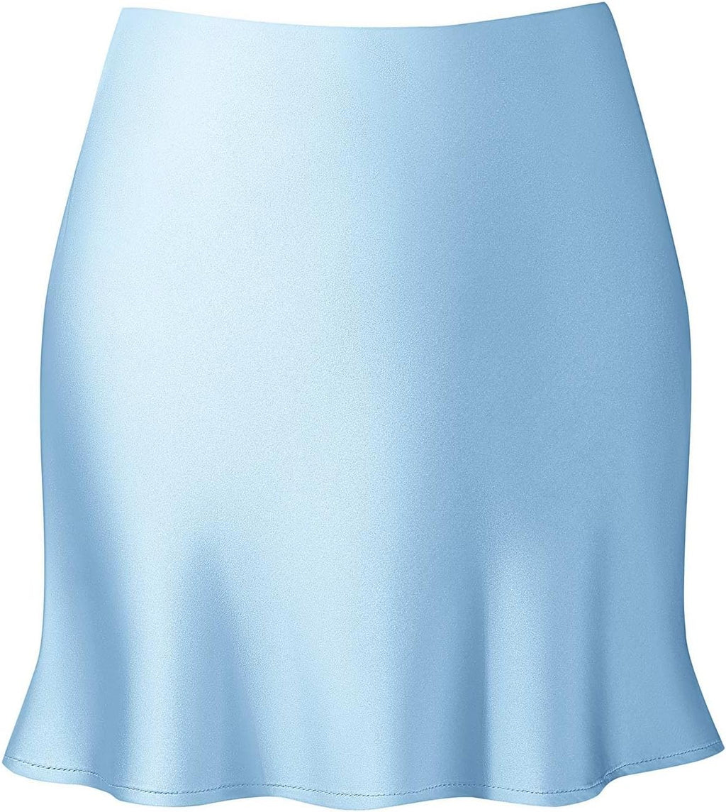 Women Satin Mini Skirt High Waist Elastic Ruffle Bodycon Short Skirt