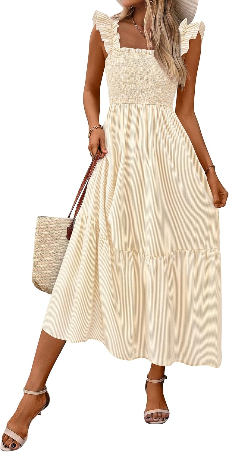 Women Square Neck Gingham Midi Dress Ruffle Strap Smocked A-Line Sundress