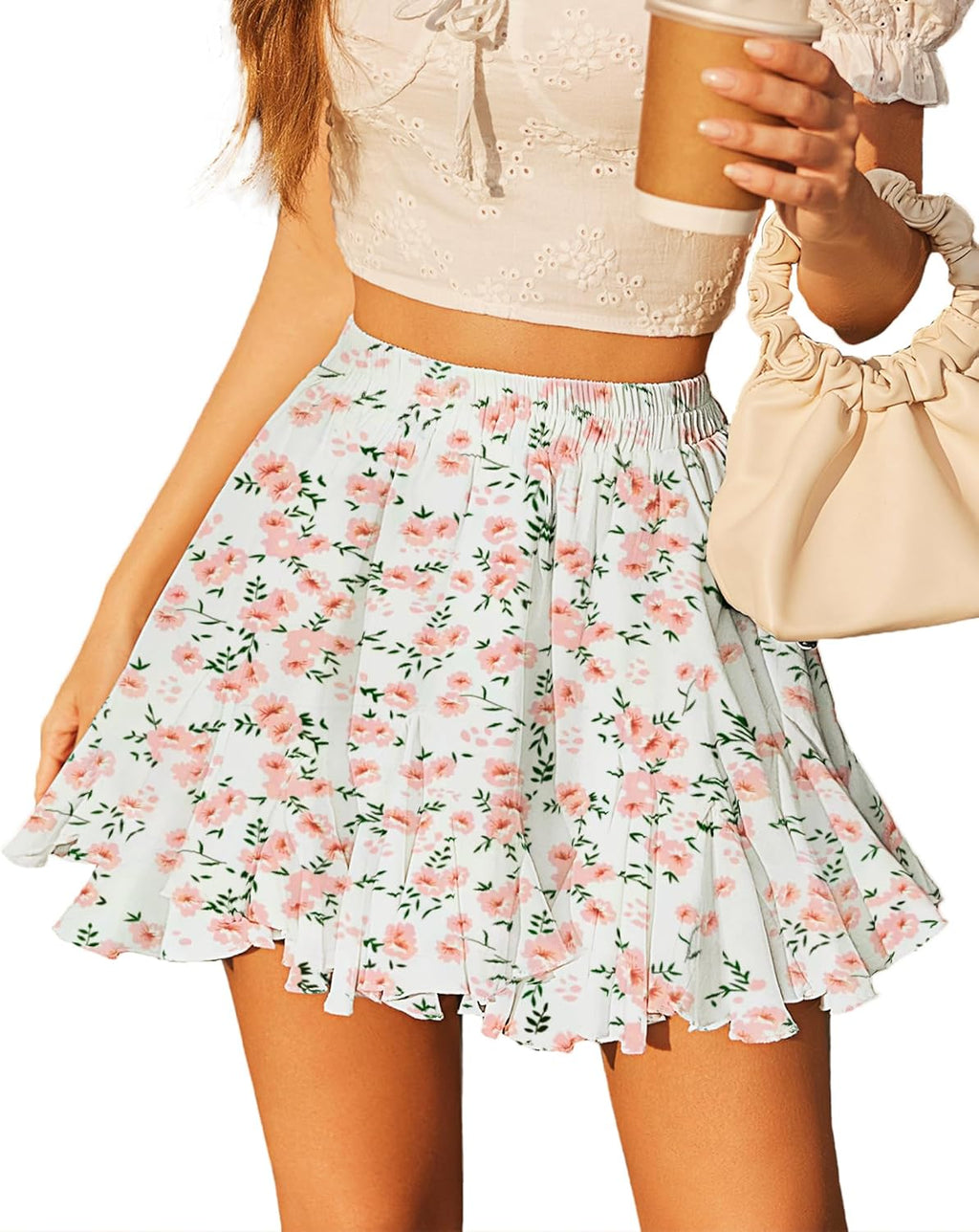 High Waist Ruffle Skater Skirt Women Pleated Flowy Mini Skirt Casual