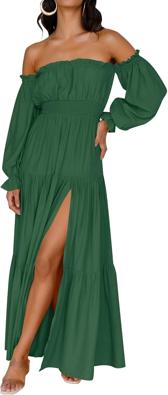 Boho Off Shoulder Maxi Dress Women Flowy Side Split Wedding Guest Dress