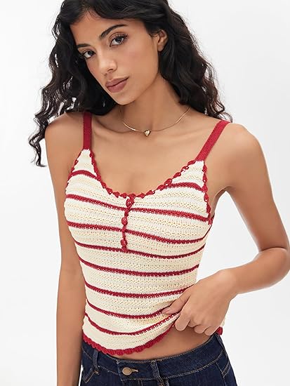 Y2K Striped Crochet Knit Sleeveless Crop Tank Top