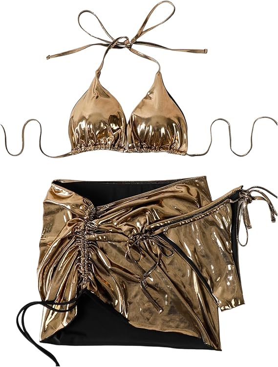 Metallic 3-Piece Bikini Set with Drawstring Skirt