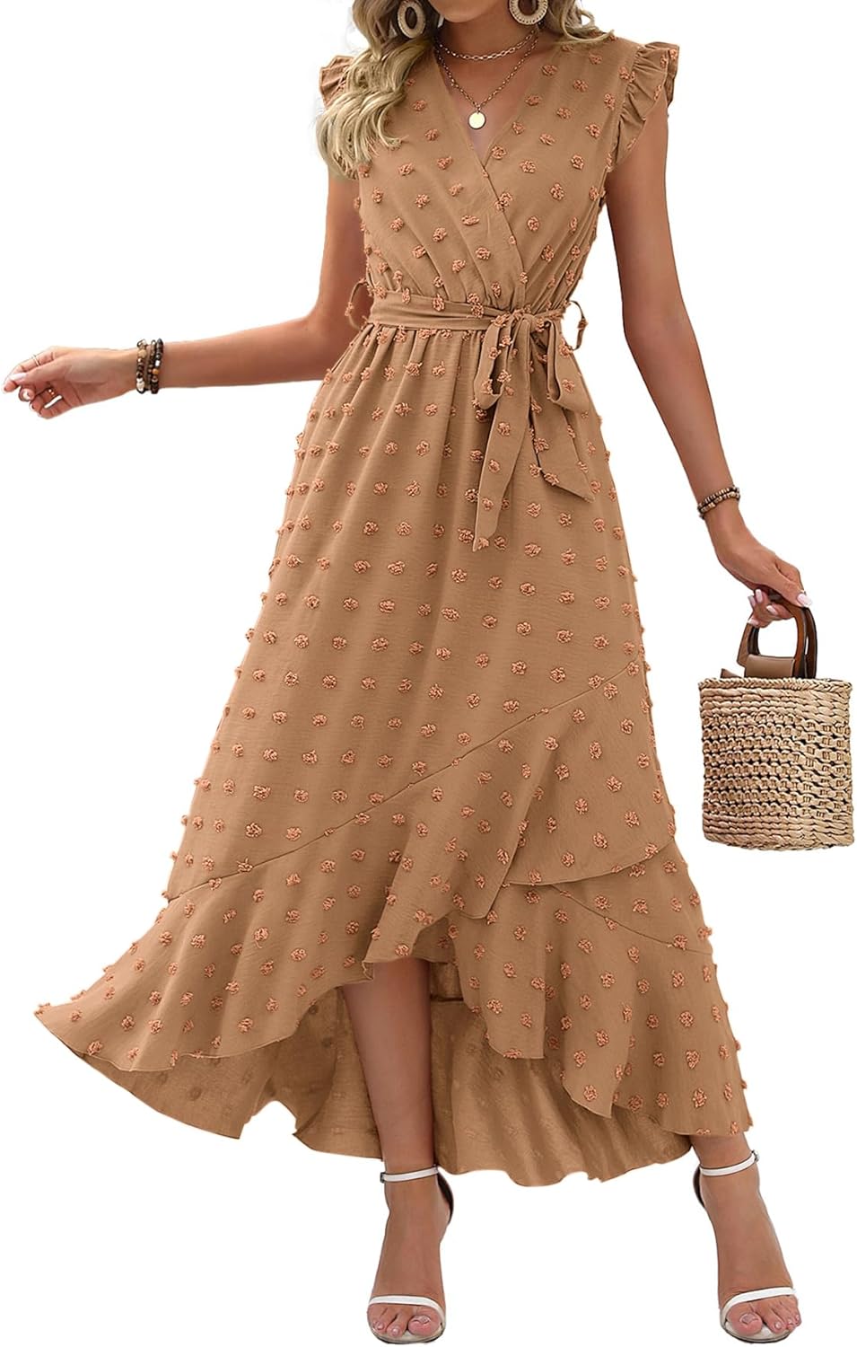 Summer Flowy Ruffle Maxi Dress Women Swiss Dot Cap Sleeve Casual Party Dress