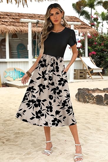 Short Sleeve A-Line Dress – Floral Beach Sundress with Pockets