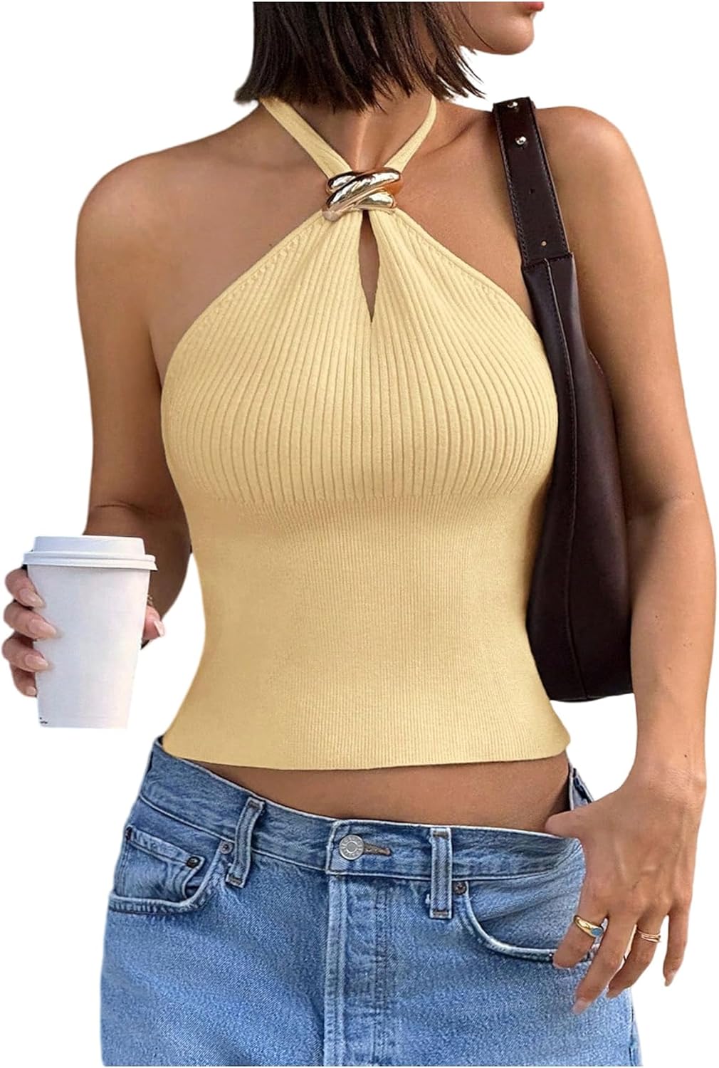Women’s Sleeveless Ribbed Halter Top – Date Night Party Crop Top